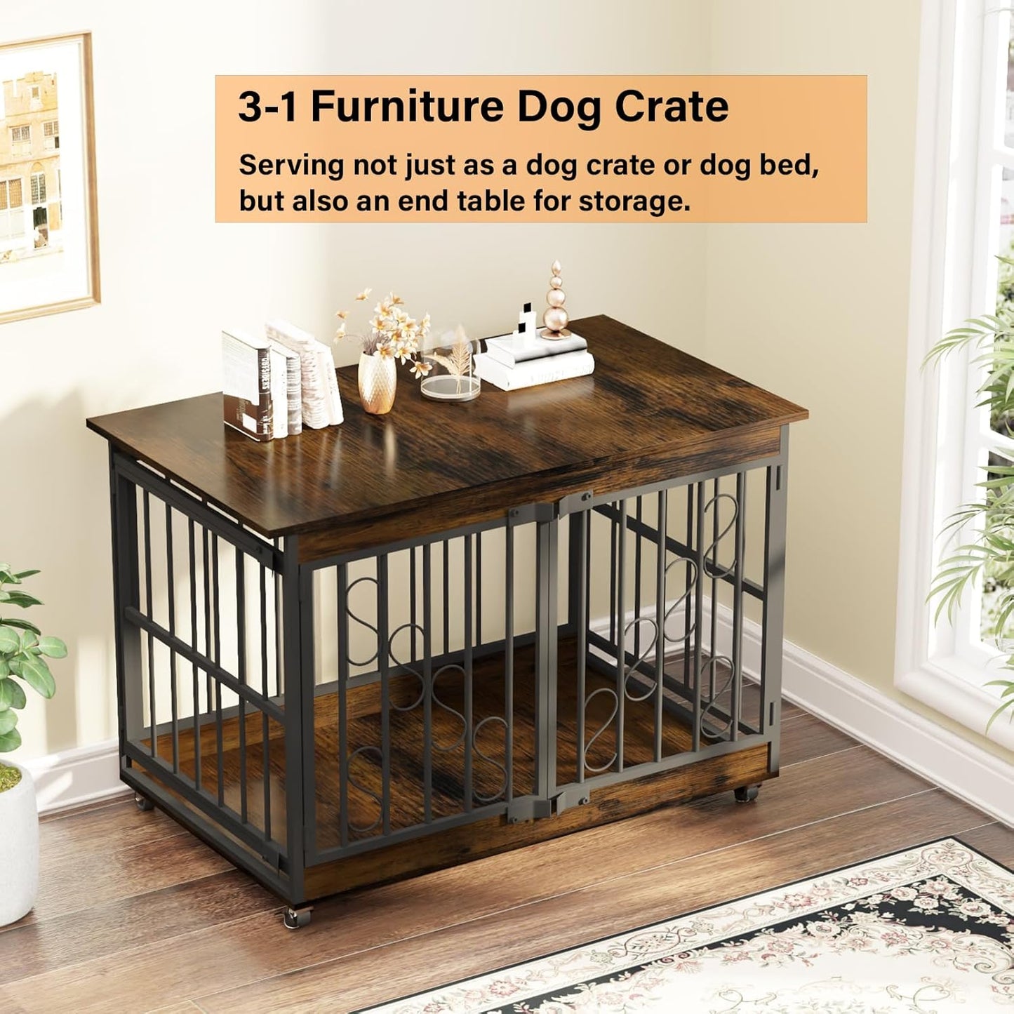 COZPAW Dog Crate Furniture, 48 Inch Dog Crates for Medium/Large Breed, Farmhouse Wood Metal Kennel Indoor Heavy Duty Pet Cage with Caster Wheels (Brown)