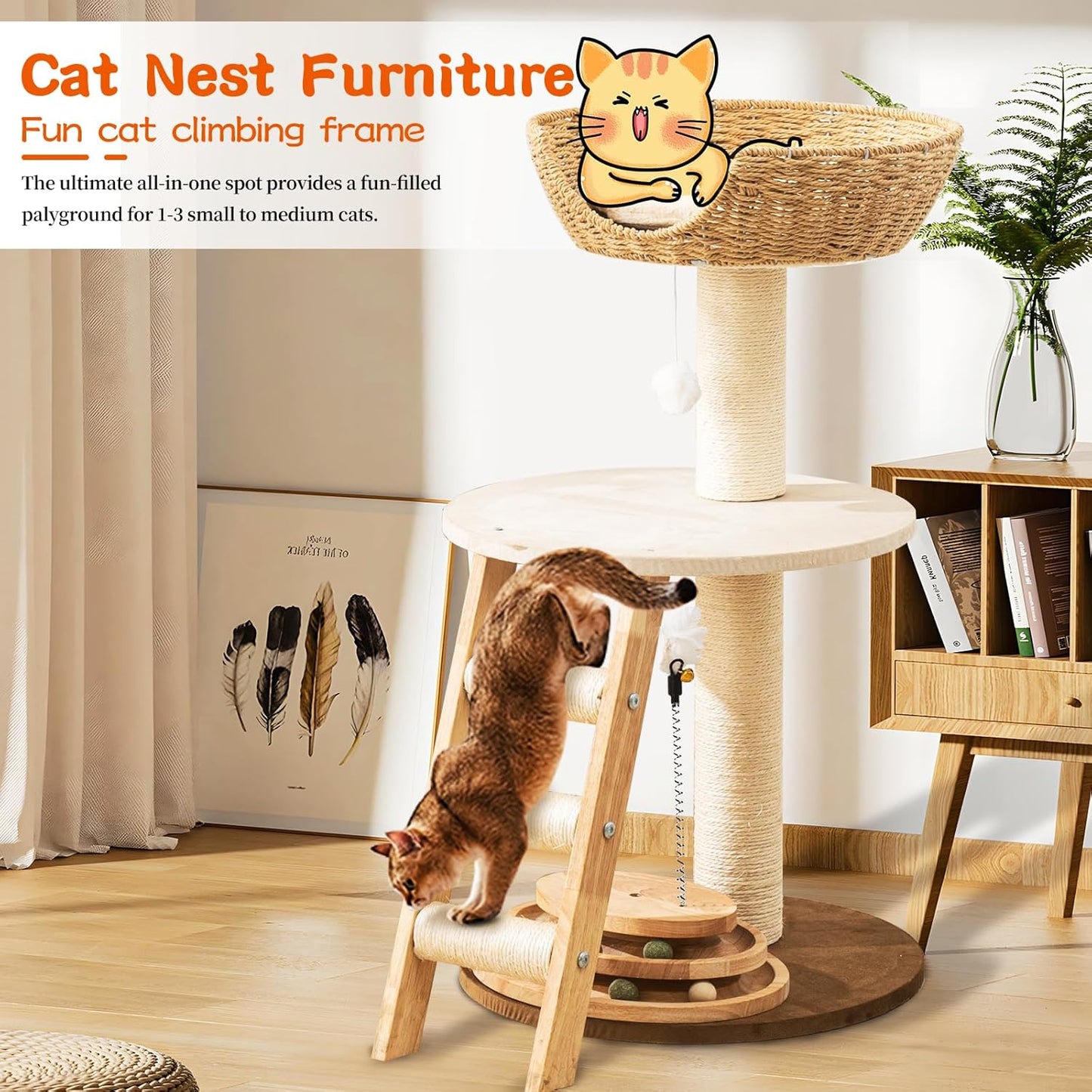 Natural Wood Modern Cat Tree with Top Cats Bed, Unique Cute Cats Furniture Activity Centre with Sisal Rope Scratching Posts, Cats Tower Condo with Interactive Cat Toy Tree