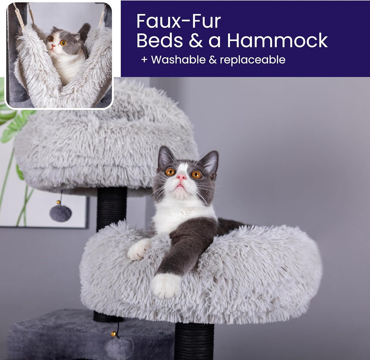 Catry Bradbury 7-Level 62.5” Modern Cat Tree with Replaceable Scratching Posts,Big Condo,Two Washable Beds, Two Hammocks,Quick Assembly, for Multi-Cat Homes(Cloud Gray)