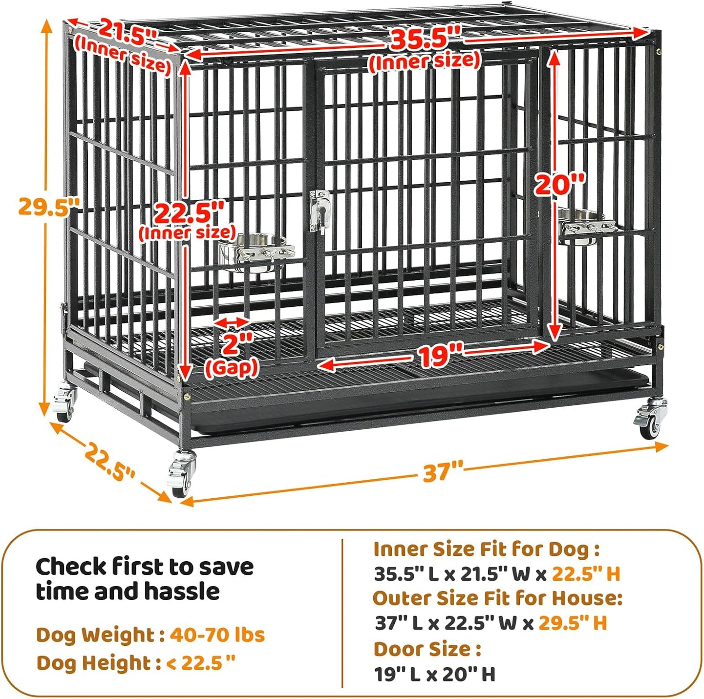 Homey Pet 37 inch Stackable Heavy Duty Dog Crate, Indestructible Escape Proof Dogs Cage Kennel with Lockable Wheels, Removable Tray & Metal Grid, Double Doors for High Anxiety Medium/Small Dogs