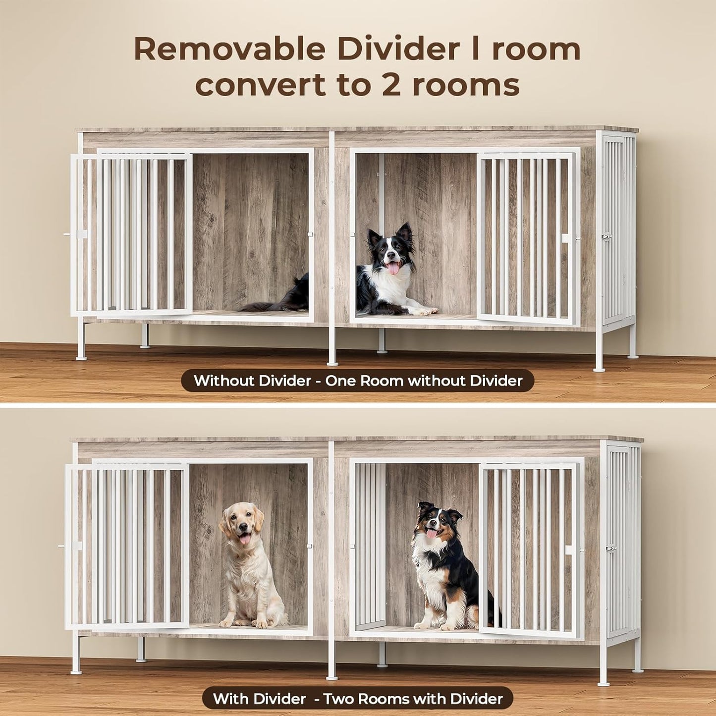 63 Inch Dog Cage Furniture for 2 Large/Medium Dogs with Removable Divider, Extra Large Double Doors Dog Kennel, XXL Thick Wooden Dog cage Furniture, Durable and Sturdy, Beige