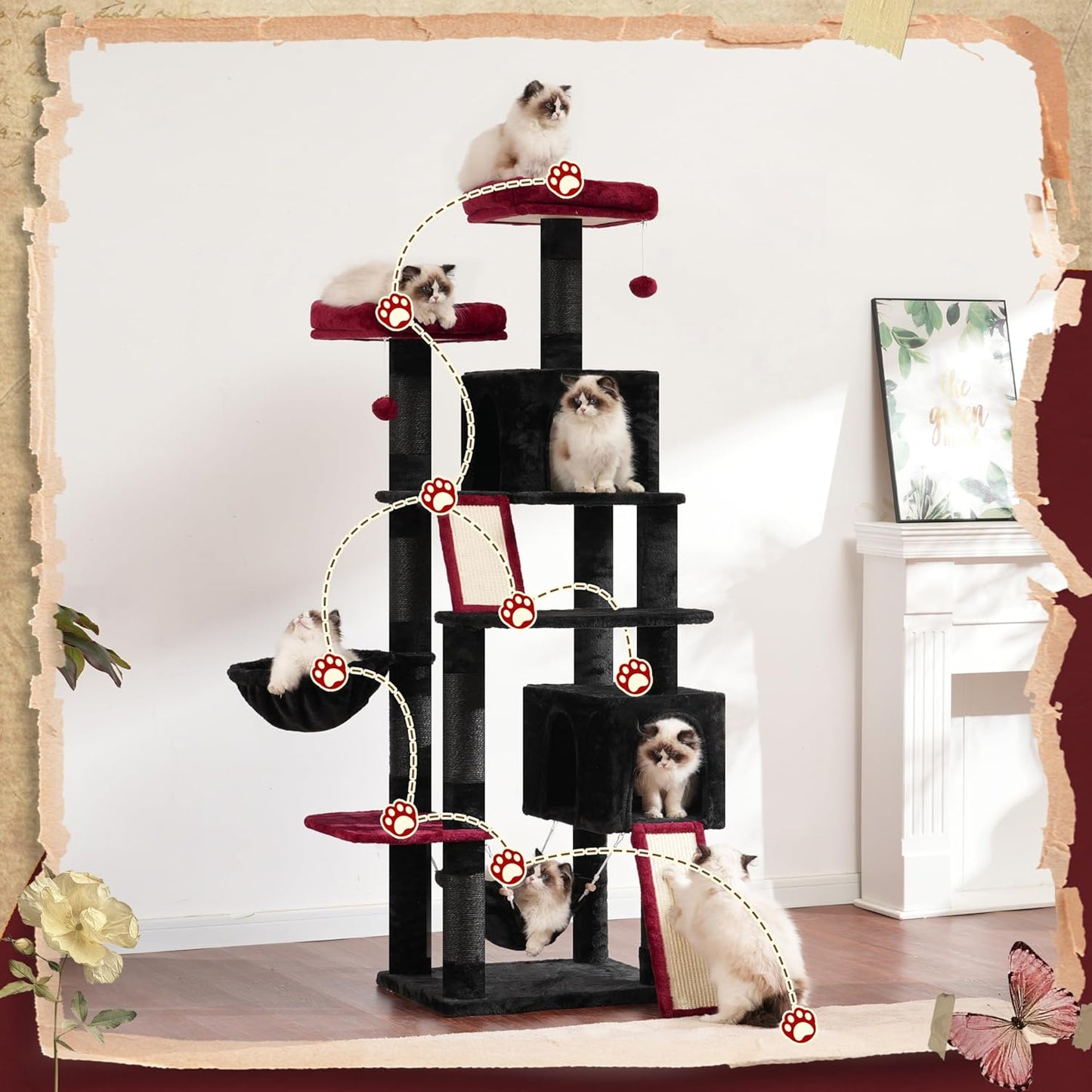 Cat Tree for Indoor Cats, 71'' (180cm) Multi-Level Cat Tower for Large Adult, Gothic Sturdy Cat Tree House with 2 Scratching Boards 7 Posts, 2 Plush Perches/Condos, Hammock, Black GCT032BR