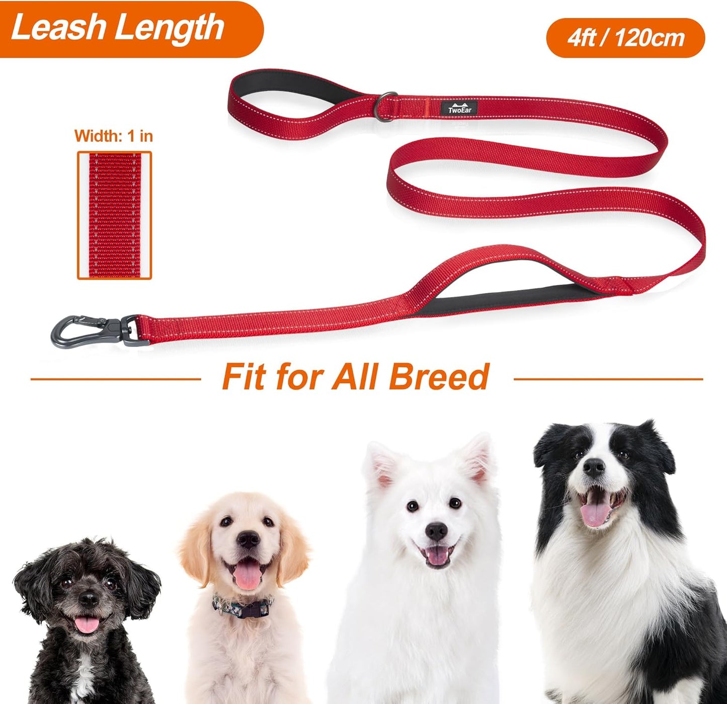 TwoEar 4FT 1IN Strong Red Dog Leash with 2 Padded Handles, Traffic Handle Extra Control, Comfortable Soft Dual Handle, Auto Lock Hook, Reflective Walking Lead for Small Medium and Large Dogs