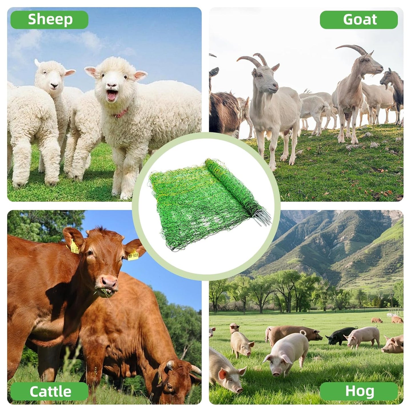 Electric Fence Netting,164'Lx49.6"H, Electric Livestock Netting with 14 Double Barbed Poles, Suitable for Pigs, Cows, Sheep and Other Large Animals, Portable Electric Fence for Farms, Ranches