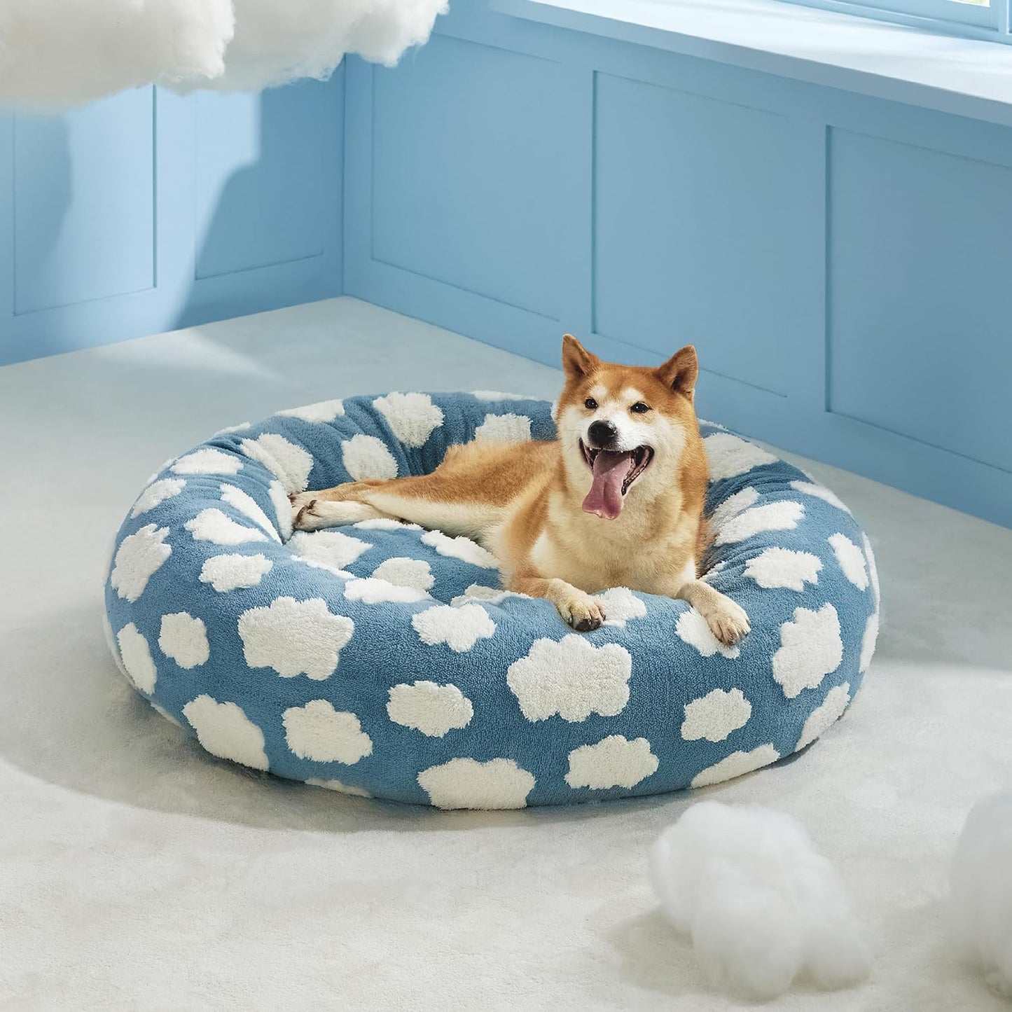 LE SURE Donut Dog Beds Large Sized Dog - Round Pet Beds for Calming Puppy with Washable Cover, Orthopedic Modern Beds with Jacquard Shaggy Plush & Anti Slip Bottom, 36 Inch,Blue
