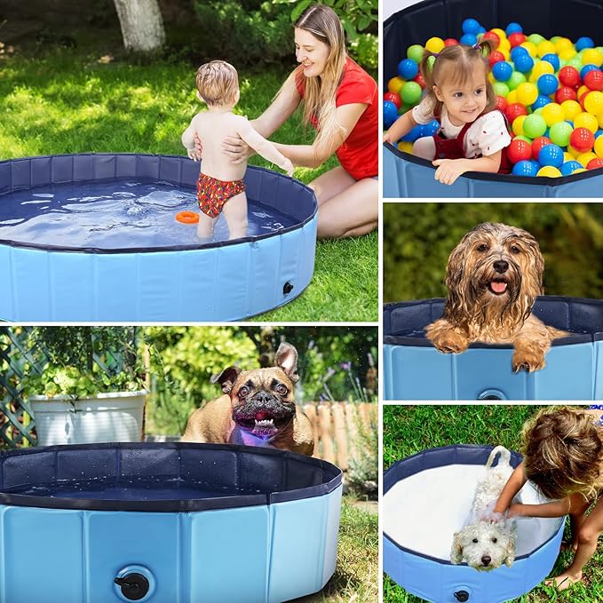 Foldable Dog Bath Swimming Pool Plastic Kiddie Pool Professional Tub Collapsible Grooming Bathtub for Pets Kids Baby and Toddler, 63 x 12 Inches Blue