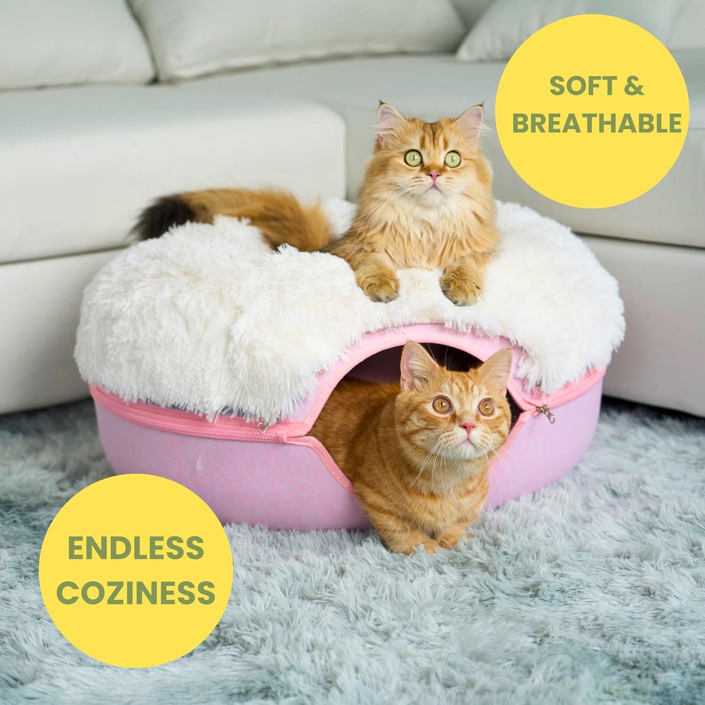 CATTASAURUS Peekaboo Cat Cave for Multiple & Large Cats Up to 30-45 Lbs, Fluffy Cat Beds for Indoor Cats, Scratch Detachable & Washable Tunnel Bed, Comfy Donut Cat Cave (Pink, Large (Calming))