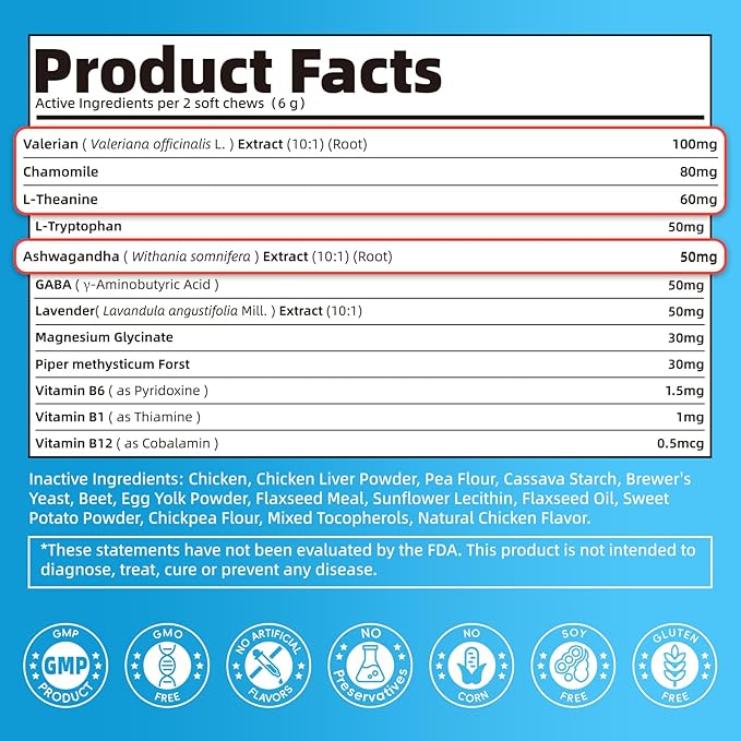 Calming Chews for Dogs – Calming Treats for Anxiety, Stress, Separation, Travel&Thunder, Relaxation & Focus Support with L-Theanine, Valerian Root, Chamomile & Ashwagandha, Chicken Flavor, 90Ct