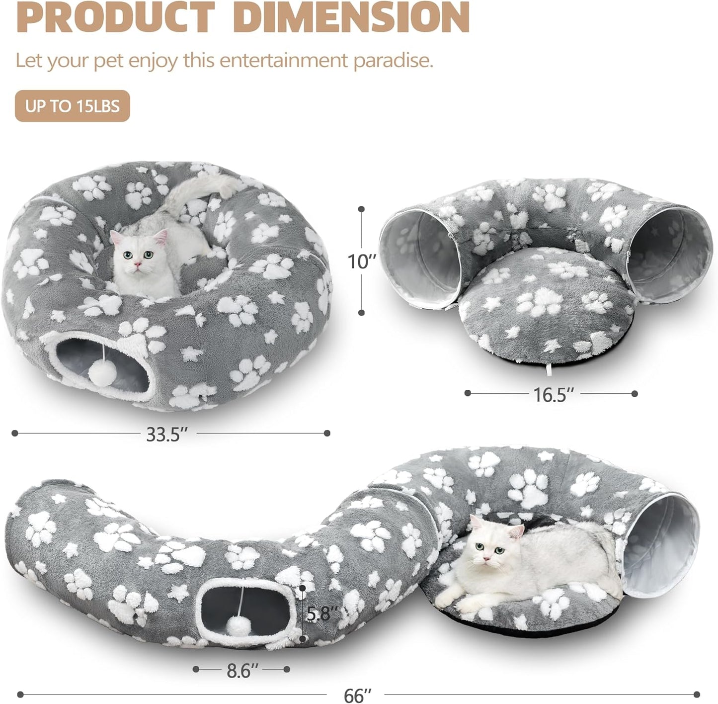 Cat Tunnel for Indoor Cats, Cute Peekaboo Cave with Dangling Balls, Pet Donut Tunnel Bed with Circle Mat for Puppy Kitten Rabbit, Grey