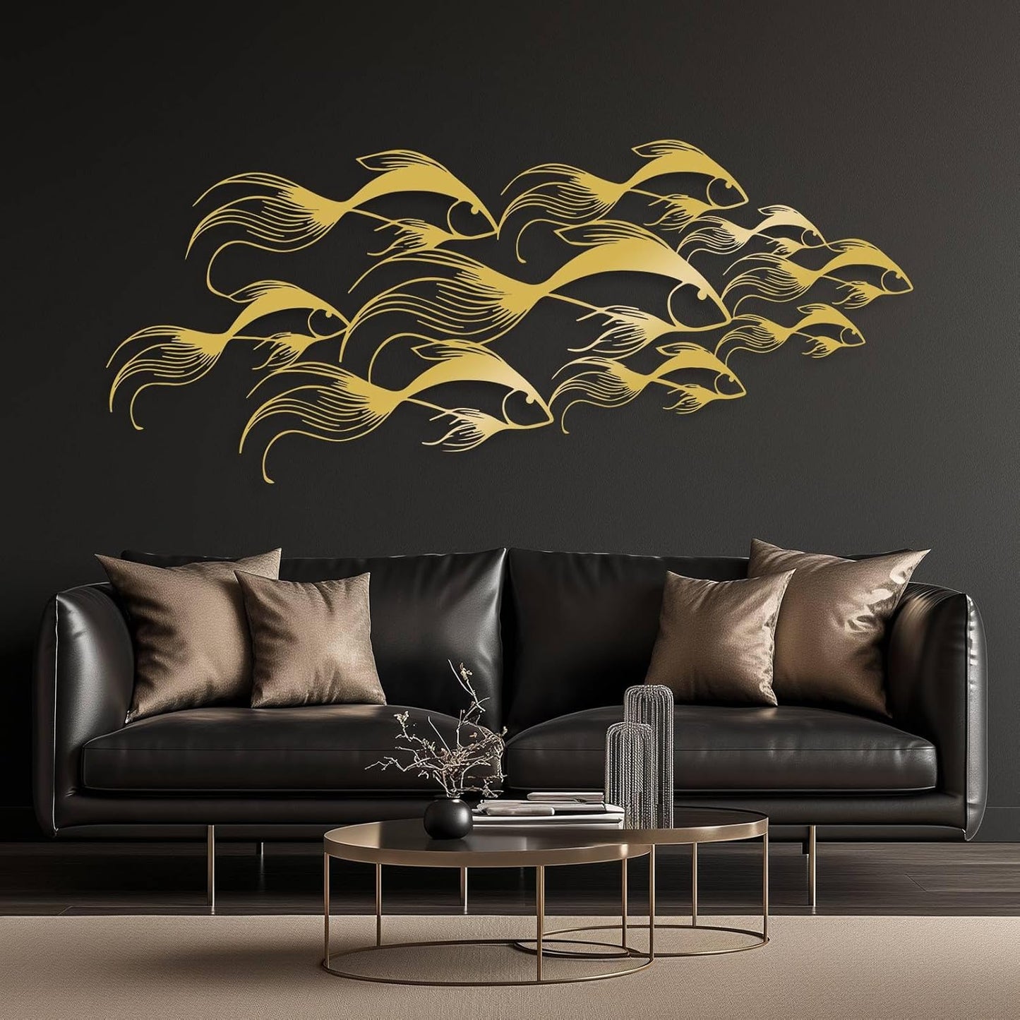 School of Fish Metal Wall Art, Metal Fish Wall Decor, Sea Life Wall Art, Large Nautical Wall Hanging, Modern Beach House Wall Decor, Ocean Themed Artwork for Bathroom (Silver, 53"x22" | 135x57cm)