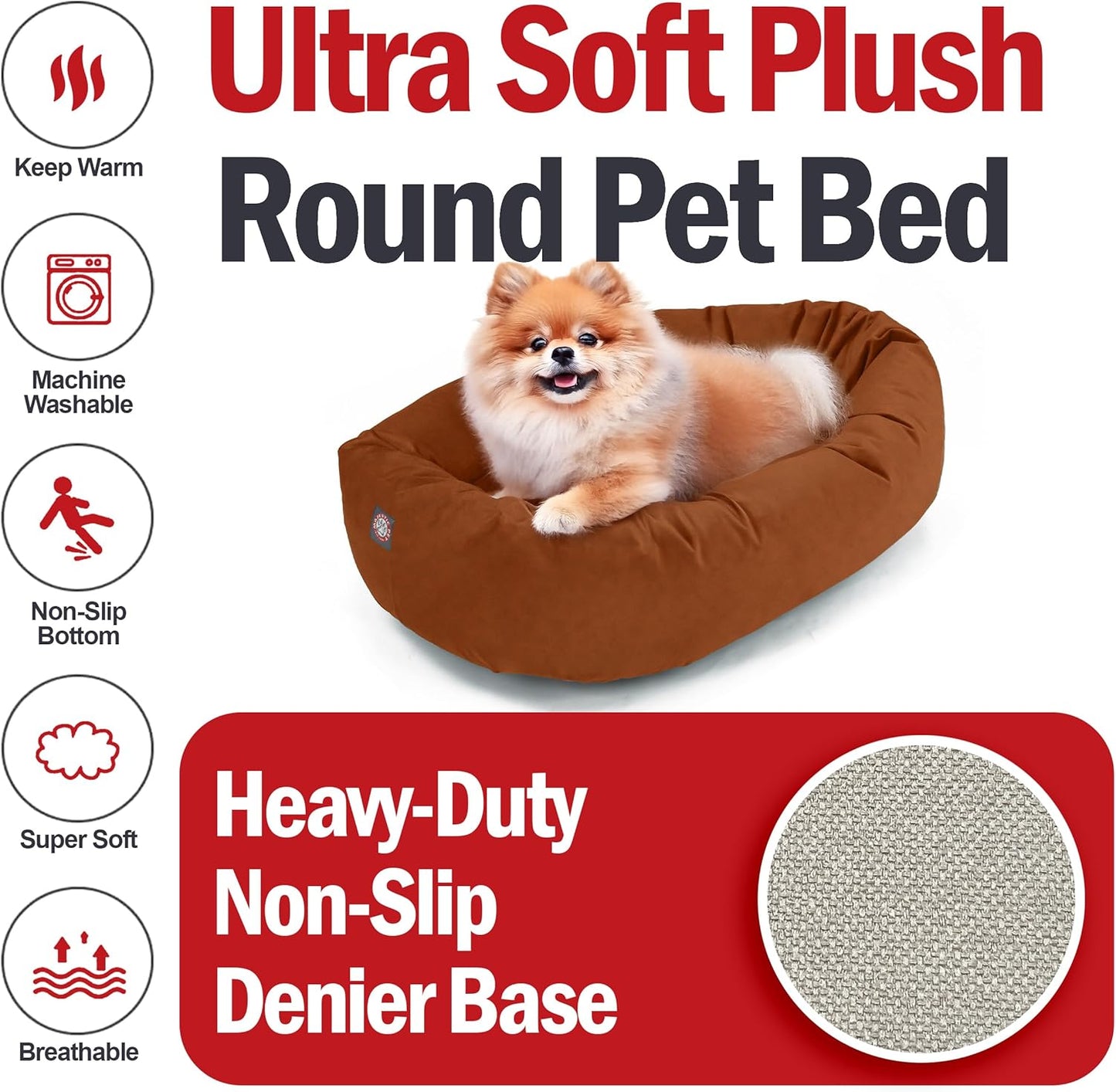 Majestic Pet 24 Inch Suede Shredded Memory Foam Mix Calming Small Dog Bed Washable 24 x 19 x 7 (Inch) - Cozy Soft Round Donut Dog Bed with Spine for Head Support - Pet Bed Rust
