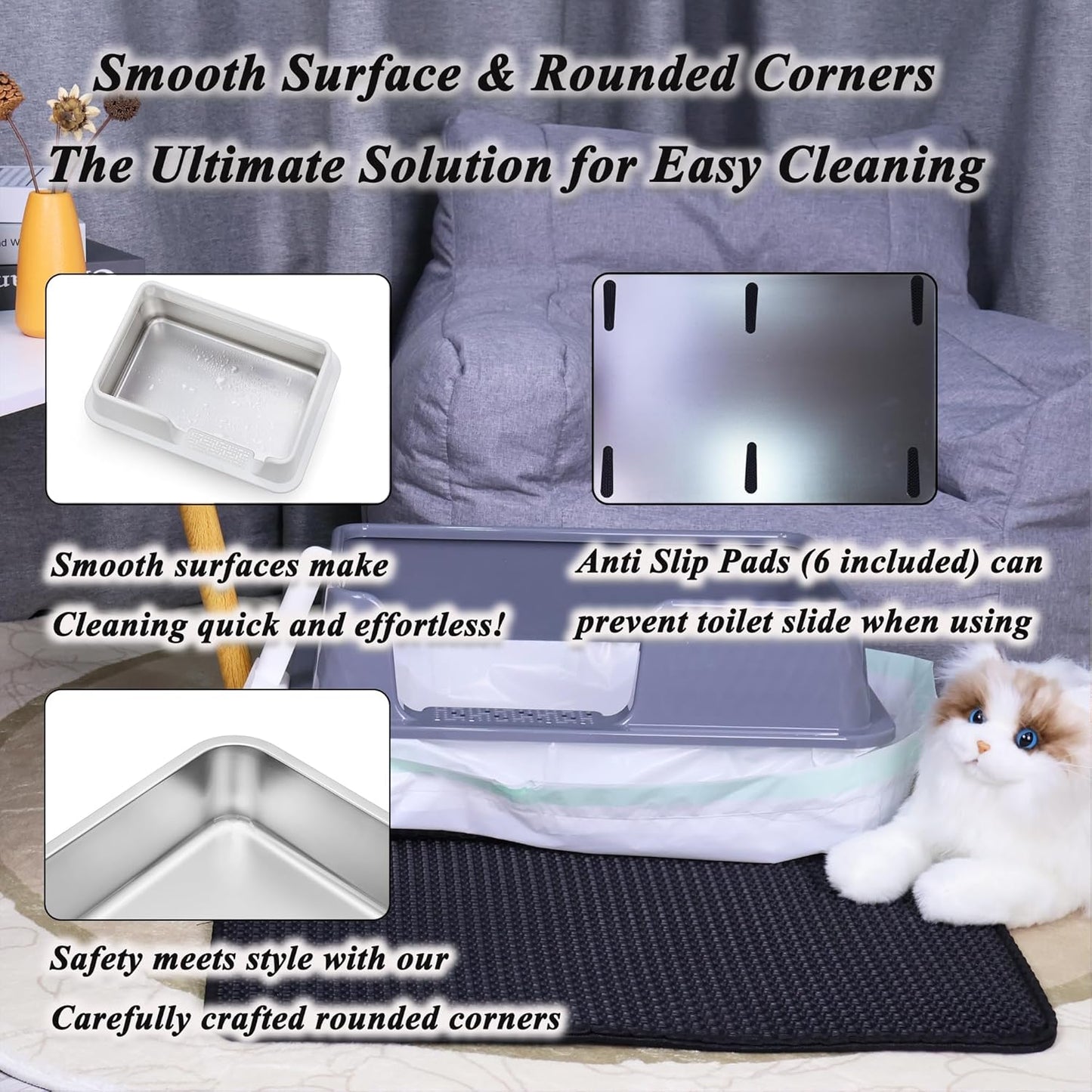 Suhaco Stainless Steel Litter Box Side Entry, Kitty Litter Mat and White Scoop Included Covered Metal High Sided Extra Large Cat Litter Box with Lid Removable Enclosure for Medium Cats (Tall Black)