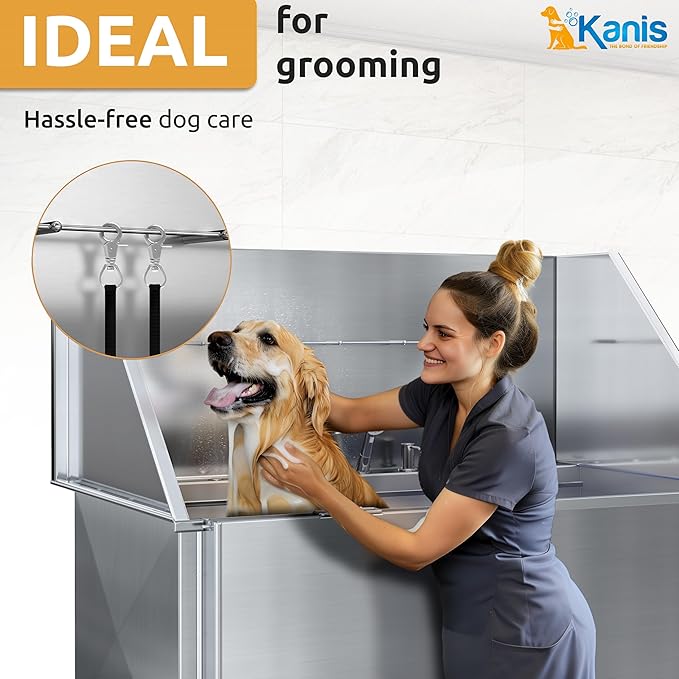 KANIS Professional Dog Washing Station - 304 Stainless Steel Pet Wash Sink & Grooming Bath Tub for Home with Ramp, Shower, Floor Grate, Storage Drawer, Faucet, Drain Kit for Large, Medium & Small Pets