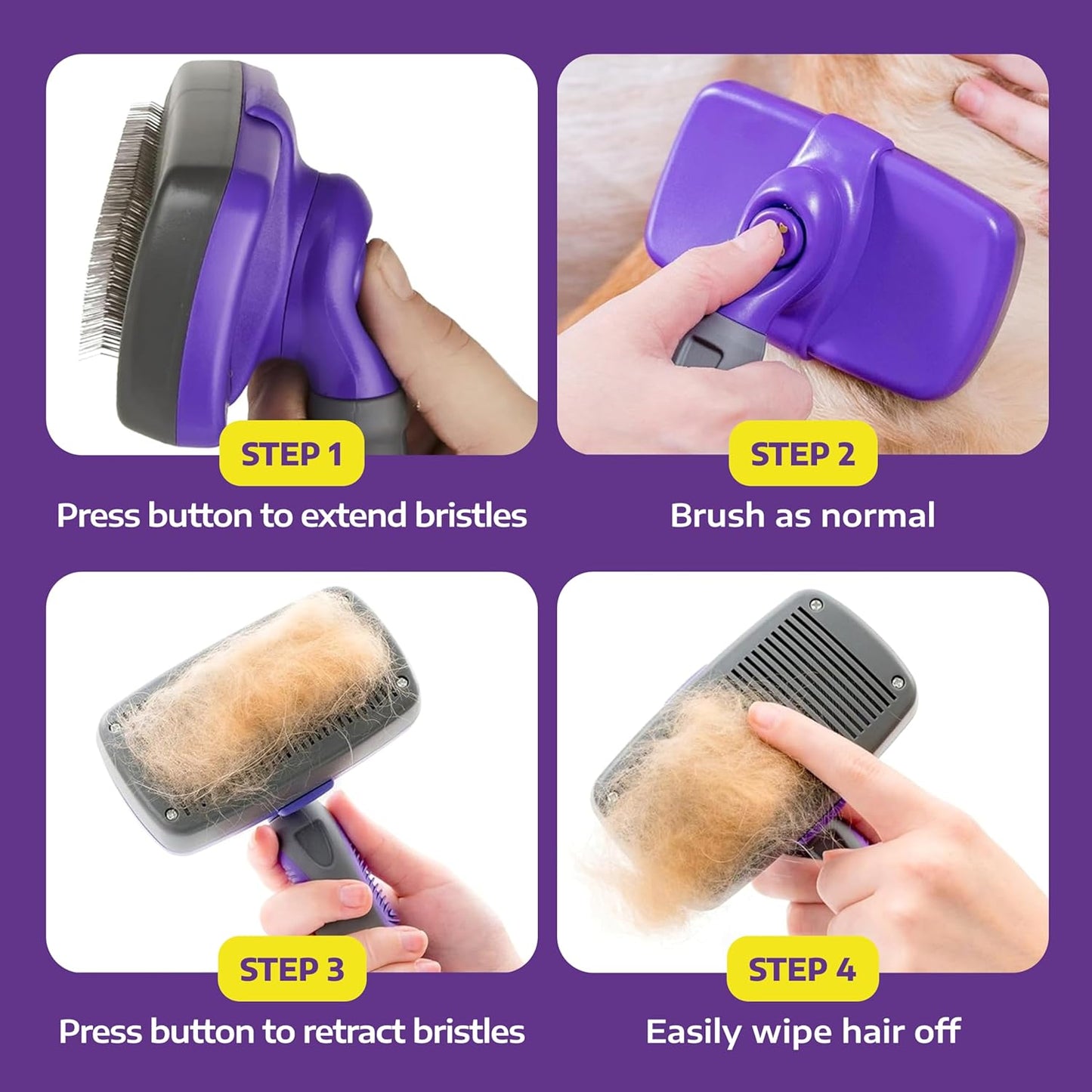 Hertzko Self Cleaning Slicker Brush for Dogs and Cats - Pet Hair Brush for Shedding Long and Short Hair - Easy Clean Retractable Bristles - Cat and Dog Grooming Tool - Purple