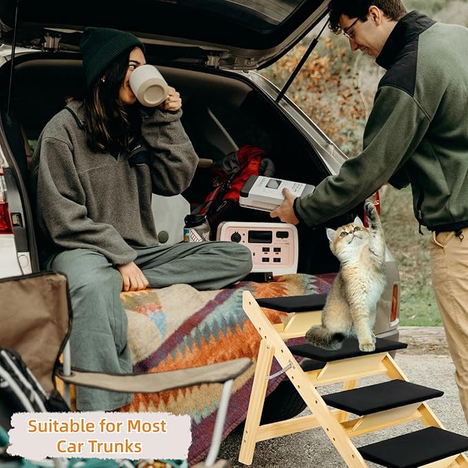 Foldable Dog Stairs/Ramp with 4 Steps - Durable Wooden Pet Stairs for Small, Medium, Large Dogs - Black (5098)