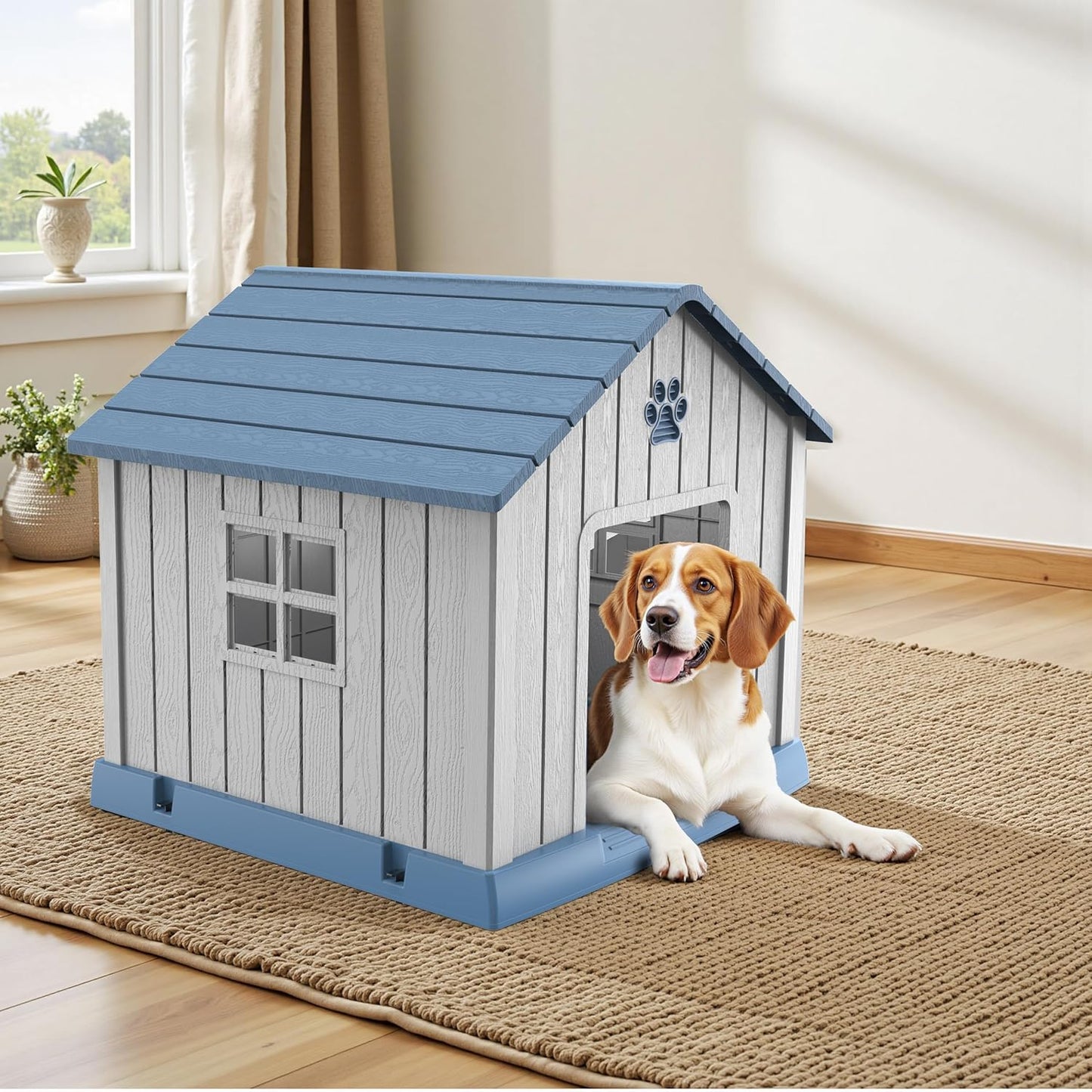 Vixzen 38in Large Outdoor Dog House,Durable Water Resistant Resin Dog House,Doghouse for Small to Large Dogs Indoor or Outside,with Air Vent and Elevated Floor,Blue