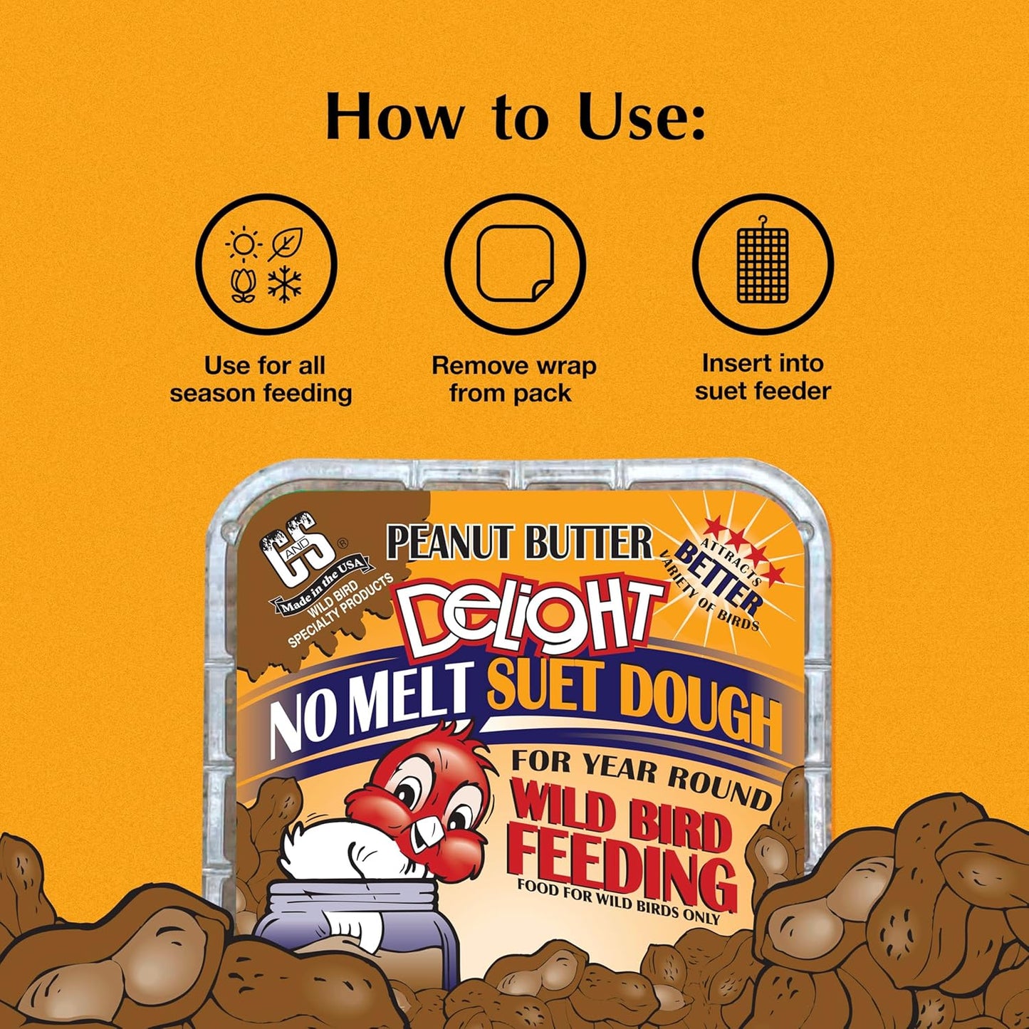 C&S Peanut Butter Delight No Melt Suet Dough, Suet Cakes for Wild Birds, 11.75 Ounces, Pack of 8