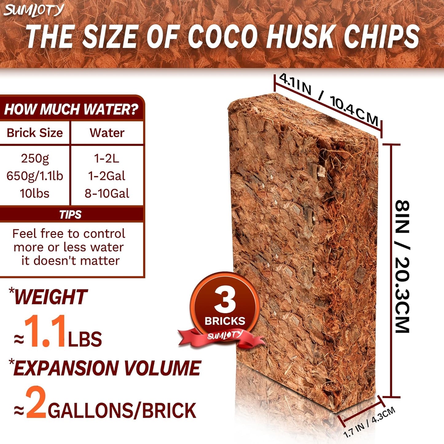 3 Pack Cocount Husk Chips-3.3LB Organic Coco Chips with Low EC & PH Balanced, High Expansion Coconut Substrate Coco Husk Mulch for Garden Flowers, Planting, Reptile, Indoor & Outdoor