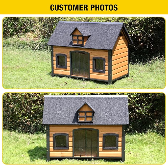 Aivituvin Large Dog House Anti-Chewing Metal Frame Design Insulated Wooden Dog Kennel with Unique Design Roof, Weatherproof Dog House for Outdoor Indoor