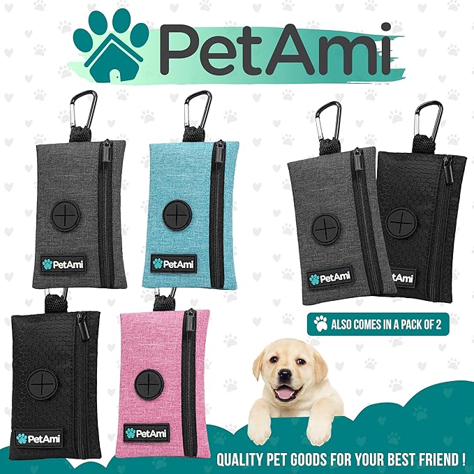 PetAmi Dog Poop Bag Holder for Leash, Dog Poop Bag Dispenser with Clip, Dog Waste Bag Holder for Pet, Dog Treat Pouch, Doggy Walking Camping Accessories with Trash Bag Roll, Black 1 Pack