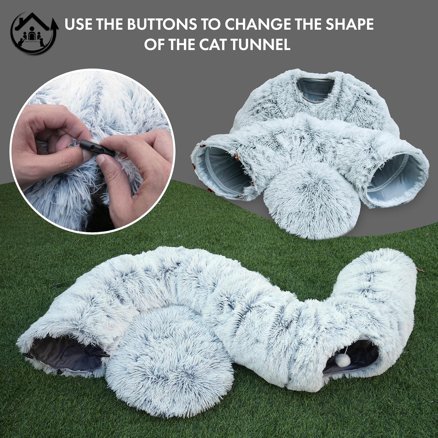 Large Cat Tunnel Bed for Indoor Cats Warm Fluffy Plush Cat Cave Tunnel Bed Collapsible, Washable, 3 Way and Multifunctional with Dangling Balls for Cats, Kittens and Rabbits- Gray