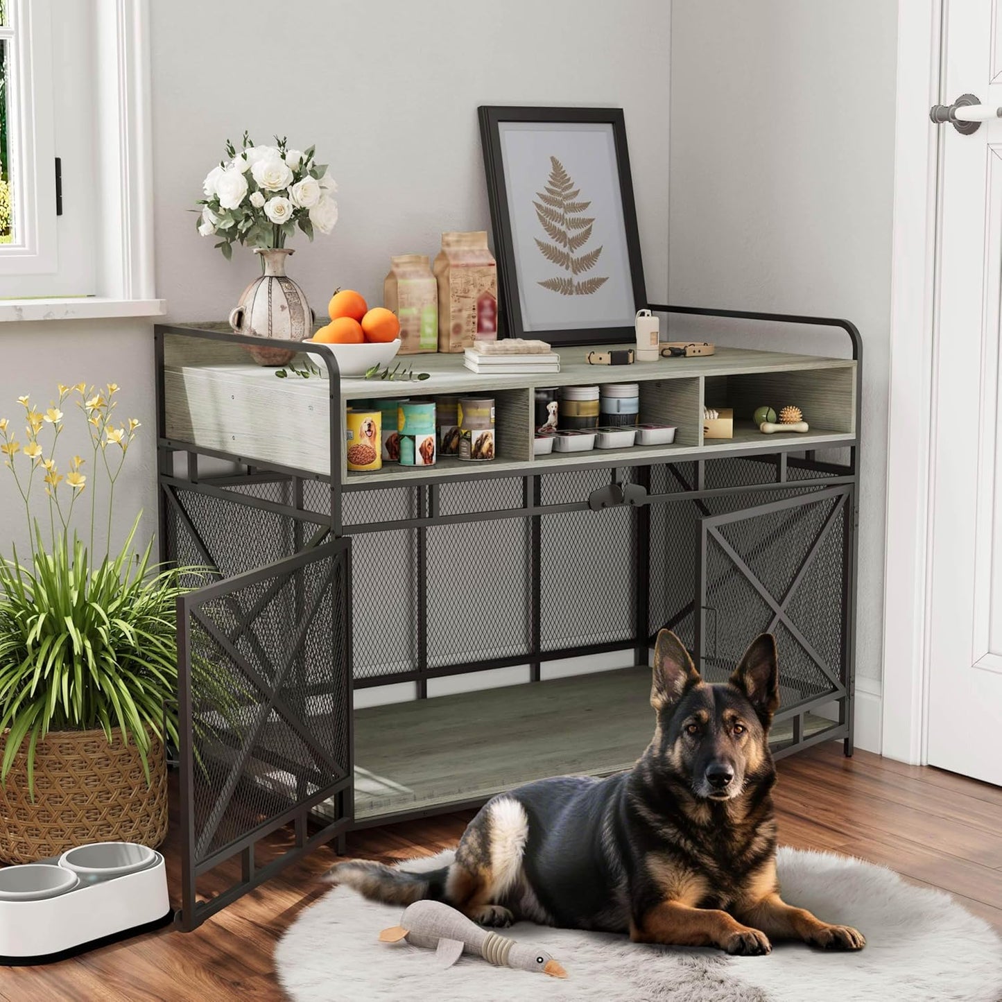 Dog Crate Furniture, 48" Heavy Duty Wooden Dog Crate End Table, XL Dog Kennel Furniture Large Breed, Decorative Dog Kennel Indoor with 3 Drawers & Steel Tubes 48" L x28 W x36 H (Grey)