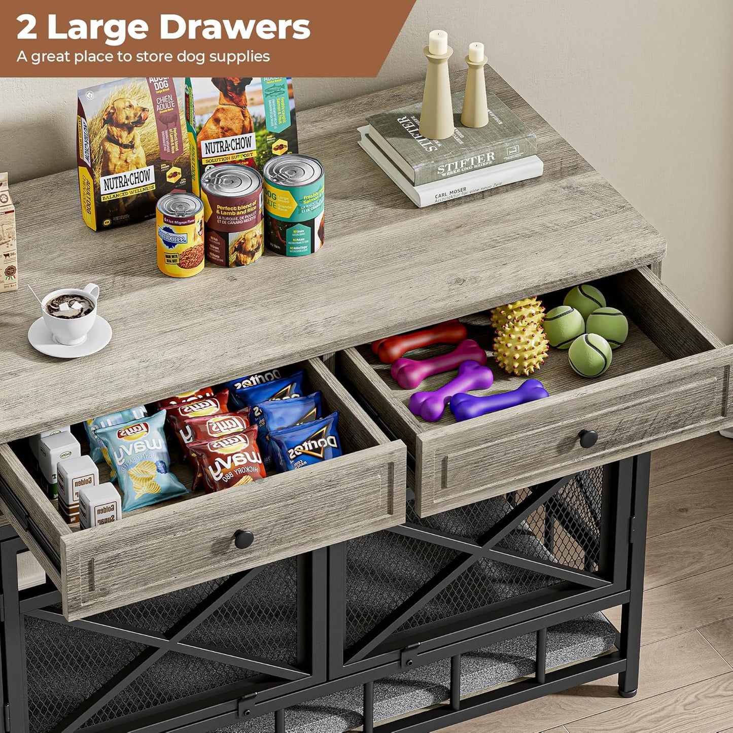 IRONCK 44 inch Large Dog Crate Furniture, Wooden Dog Kennel with Storage Drawers for Medium/Large Dogs, Decorative Dogs Kennel Indoor, Light Ivory