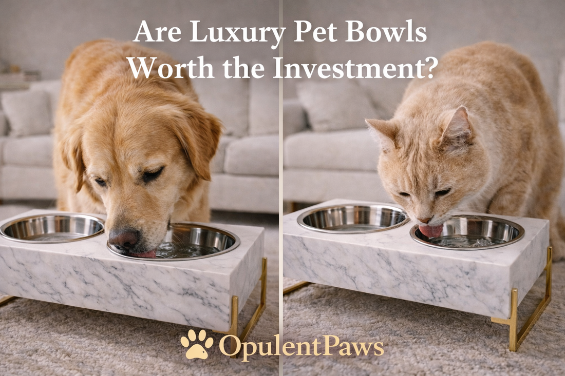 Golden Retriever and cream-colored cat drinking from elevated luxury pet bowls with marble stands, illustrating whether premium pet bowls are worth the investment — OpulentPaws