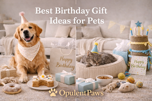 Dog and cat celebrating a birthday together with gifts, treats, and toys in a warm, stylish living room, representing the best birthday gift ideas for pets — OpulentPaws