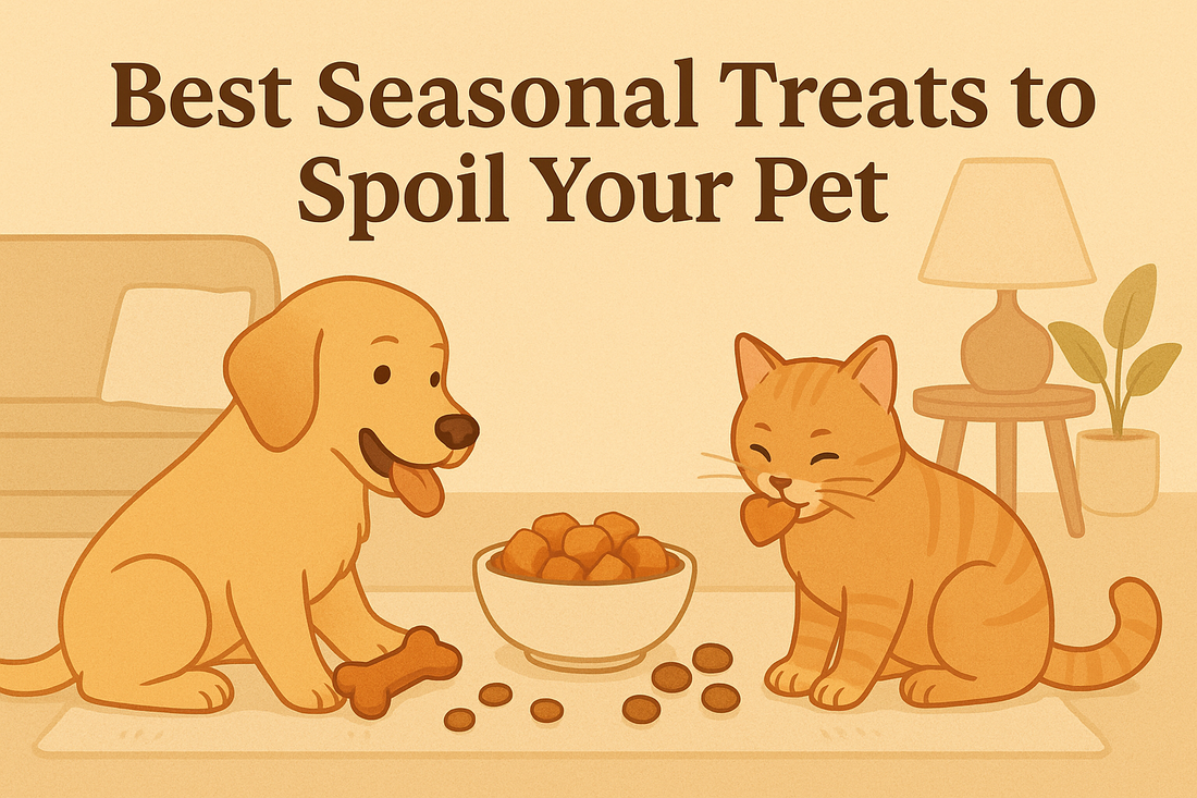 Illustrated dog and cat enjoying seasonal pet treats together in a warm, cozy living room, used as a thumbnail for a holiday pet treat guide — OpulentPaws