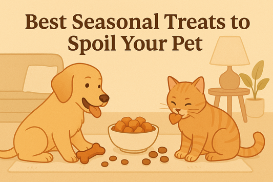 Illustrated dog and cat enjoying seasonal pet treats together in a warm, cozy living room, used as a thumbnail for a holiday pet treat guide — OpulentPaws