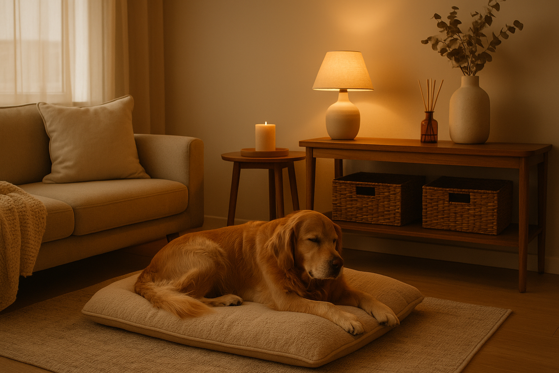 Golden retriever resting on a soft cushion in a warm, calming living room with gentle lighting and cozy decor – OpulentPaws