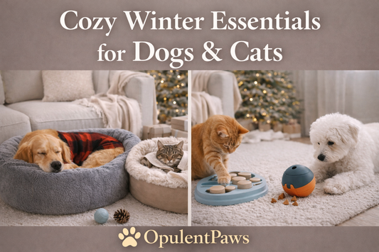 Cozy winter banner featuring dogs and cats relaxing in plush beds and playing with indoor toys in a warm living room, highlighting cozy winter essentials for pets — OpulentPaws