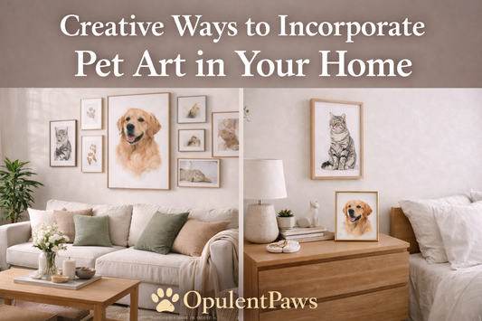 Split-view thumbnail showing a stylish living room with curated pet art gallery walls and refined décor accents, illustrating creative ways to incorporate pet art into the home — OpulentPaws