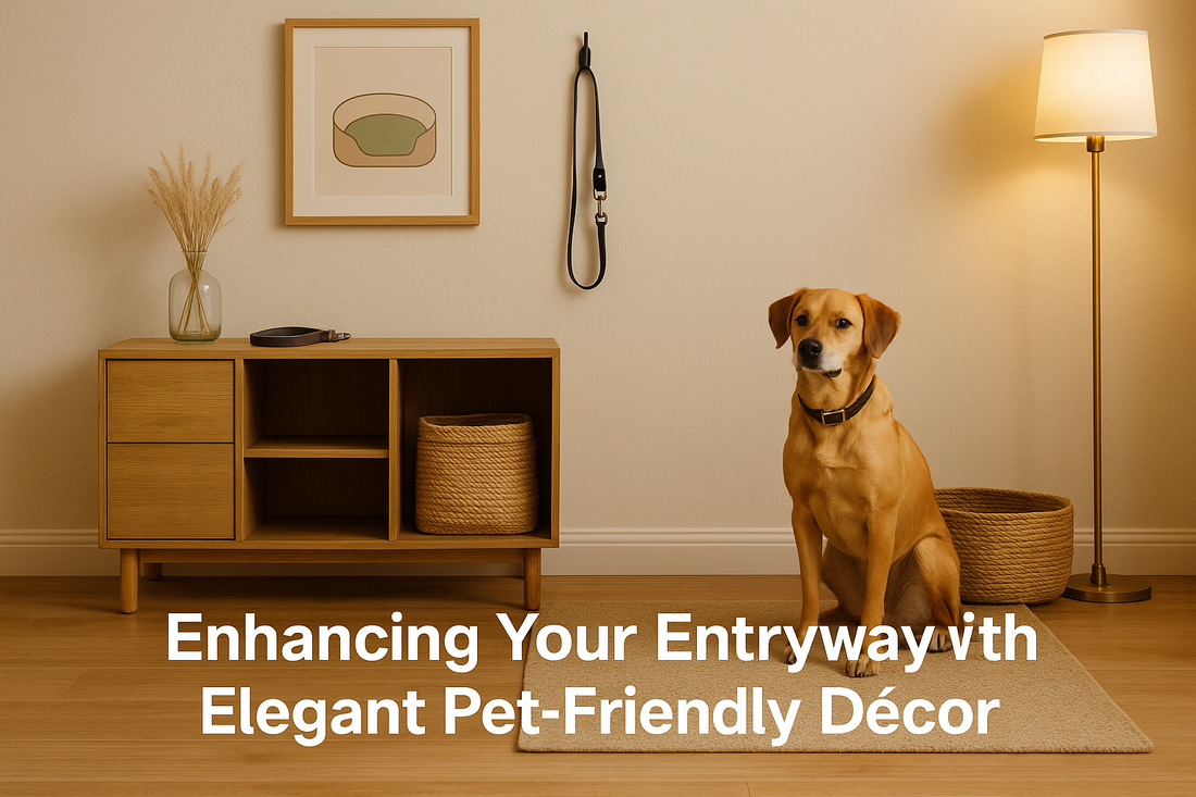 Elegant pet-friendly entryway with minimalist storage, neutral décor, warm lighting, and a seated dog, used as a thumbnail for an OpulentPaws home décor guide.