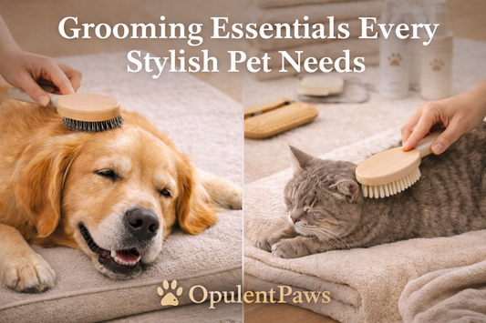 Stylish pet grooming essentials displayed in a calm, neutral home setting, featuring premium brushes and tools used for daily pet care — OpulentPaws