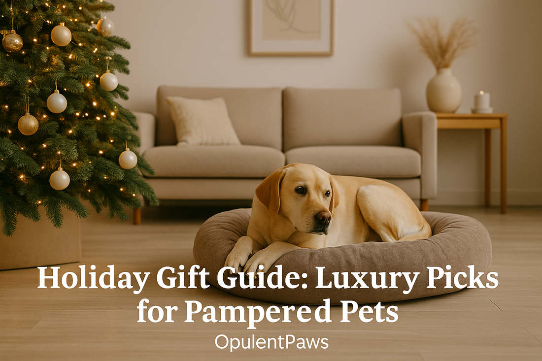 Holiday-decorated minimalist living room with soft warm lighting, a cozy pet bed, and elegant neutral décor creating a luxurious festive atmosphere — OpulentPaws