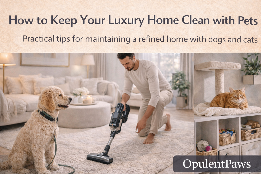 Man vacuuming a luxury living room while a Goldendoodle watches and a ginger tabby cat relaxes nearby, illustrating how to keep a luxury home clean with pets — OpulentPaws