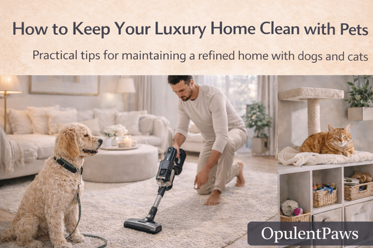 Man vacuuming a luxury living room while a Goldendoodle watches and a ginger tabby cat relaxes nearby, illustrating how to keep a luxury home clean with pets — OpulentPaws