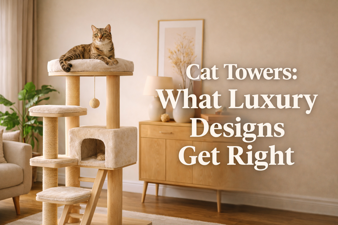 Luxury cat tower with natural wood structure and plush platforms styled in a modern neutral living room, used as a thumbnail for a cat tower design guide — OpulentPaws