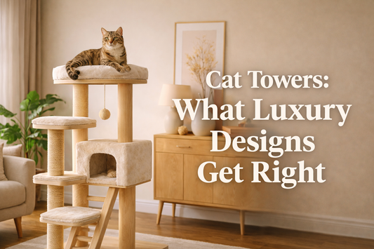 Luxury cat tower with natural wood structure and plush platforms styled in a modern neutral living room, used as a thumbnail for a cat tower design guide — OpulentPaws