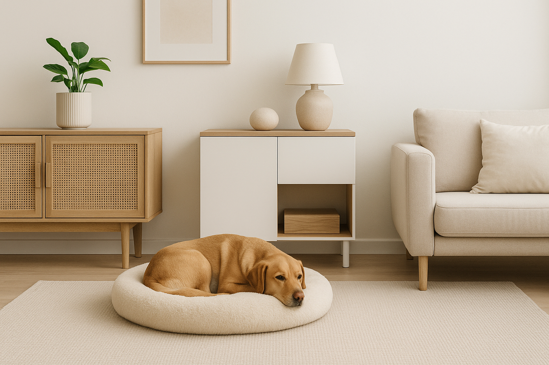 Minimalist living room with neutral decor, soft lighting, and a calm dog resting on a plush round bed in a clean, modern pet-friendly home — OpulentPaws