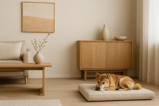 Minimalist living room with soft neutral decor and a Shiba Inu resting on a beige cushion, styled for a clean and calming pet-friendly home — OpulentPaws