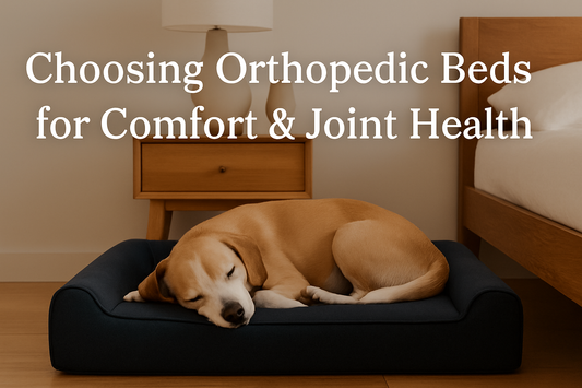 Beagle sleeping on a navy orthopedic pet bed in a minimalist bedroom with warm wood furniture, used as a thumbnail for an OpulentPaws orthopedic bed guide.