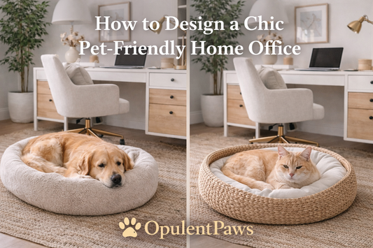 Chic pet-friendly home office featuring a Golden Retriever resting on a plush bed and a cream-colored cat relaxing in a woven pet bed beside a modern desk, styled in neutral tones — OpulentPaws