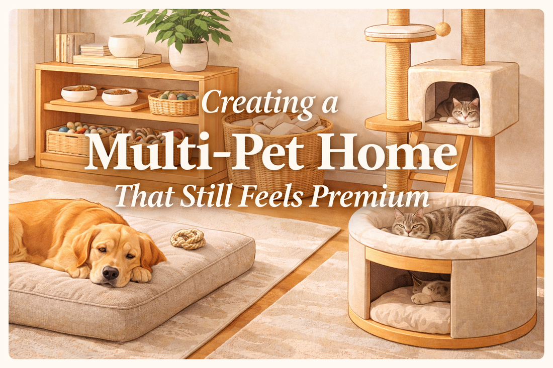 Illustrated premium multi-pet home interior featuring a dog resting on a plush bed and cats relaxing on modern cat furniture in a neutral, cozy living space — OpulentPaws