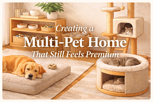 Illustrated premium multi-pet home interior featuring a dog resting on a plush bed and cats relaxing on modern cat furniture in a neutral, cozy living space — OpulentPaws