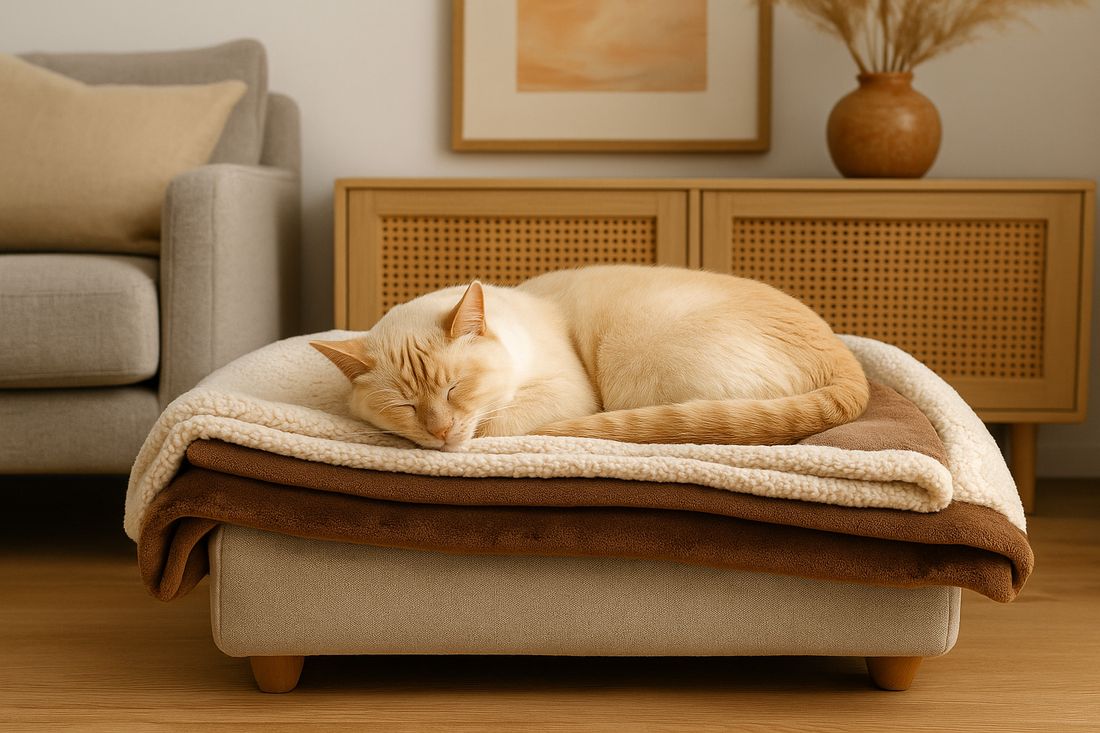Cream-colored cat sleeping on layered premium pet blankets in a warm minimalist living room, featured as a thumbnail for a premium pet blanket guide — OpulentPaws