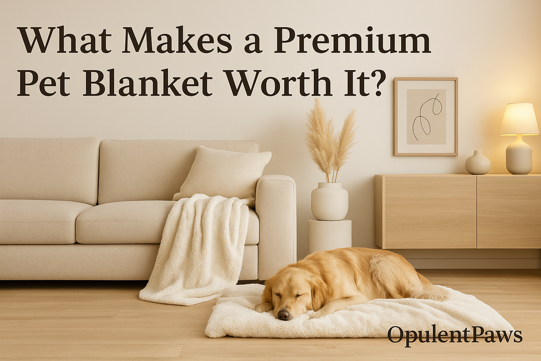 Minimalist living room with a cozy cream premium pet blanket on a soft sofa, warm holiday lighting, and a calm, luxurious atmosphere — OpulentPaws