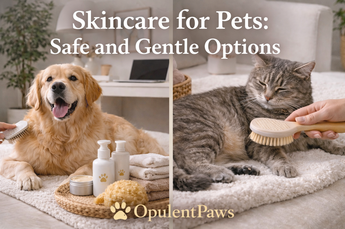 Golden Retriever and gray tabby cat enjoying gentle skincare routines with pet-safe grooming products in a calm, neutral setting, representing safe and gentle pet skincare — OpulentPaws